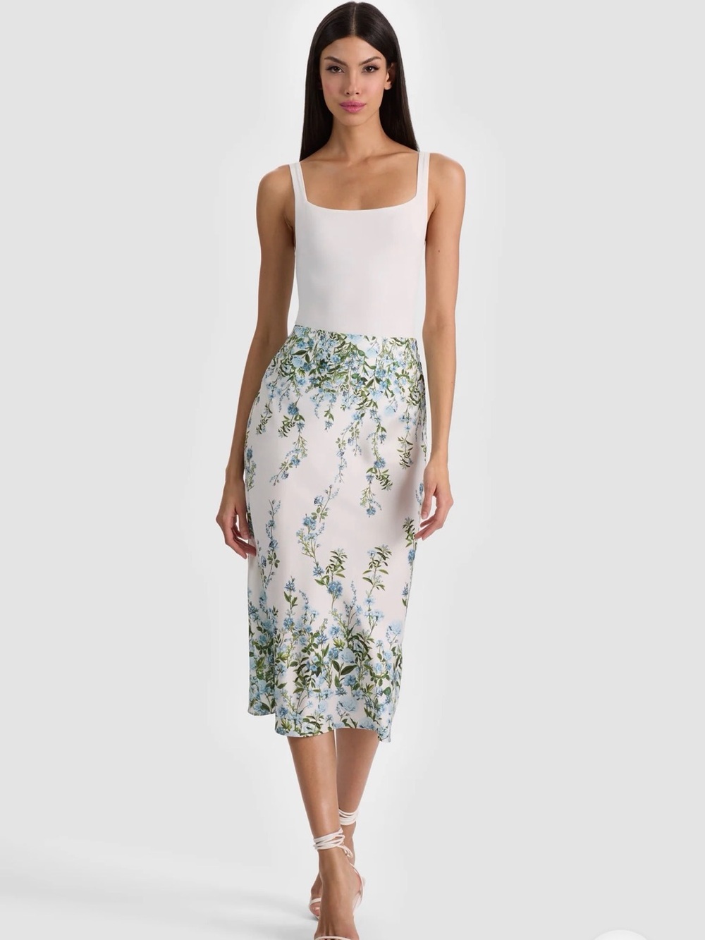 Alice + Olivia White Midi Skirt with Blue and Green Floral Print - Picture 2 of 5